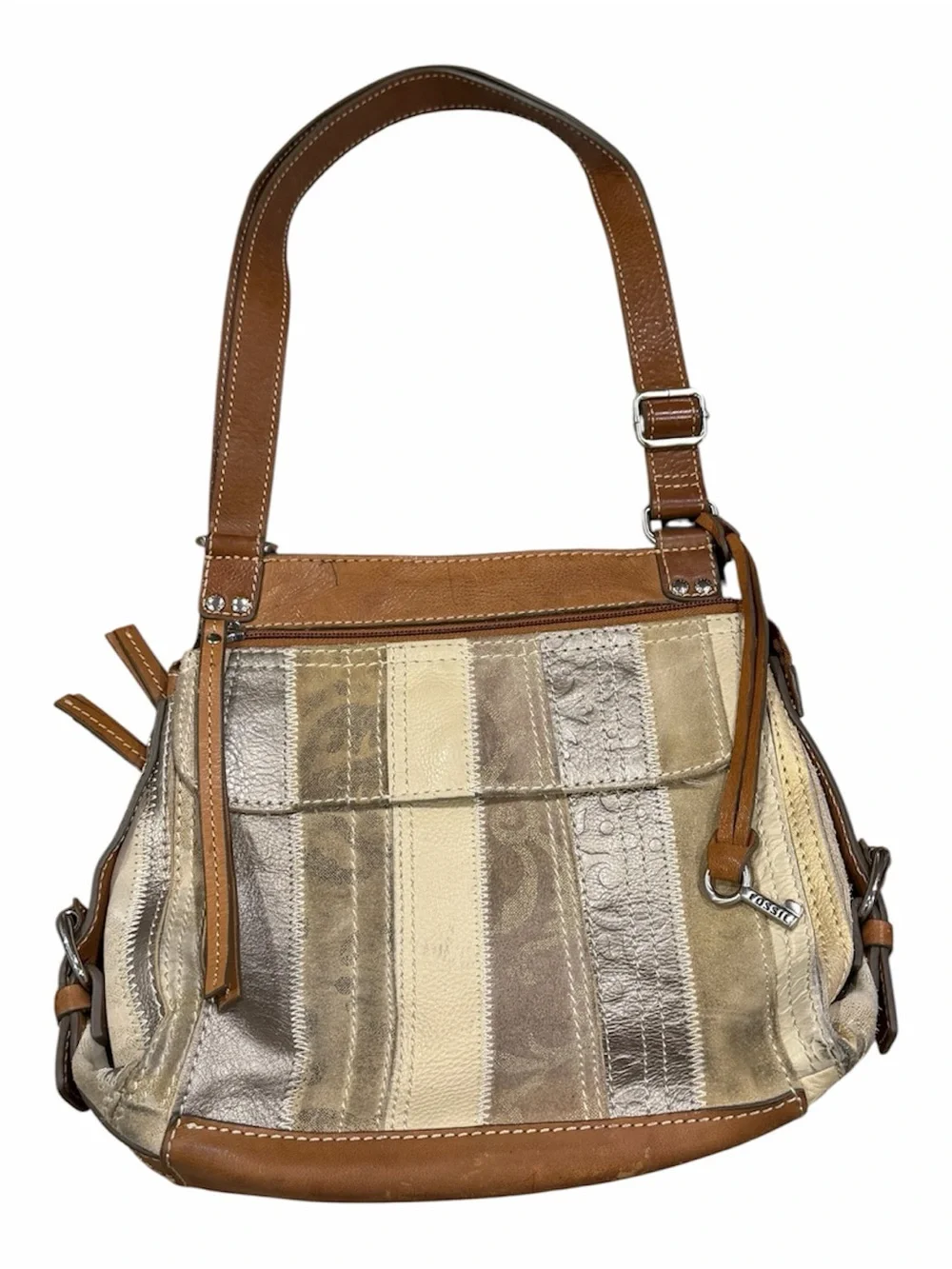 Vintage Fossil Patchwork Metallic Canvas Shoulder Bag